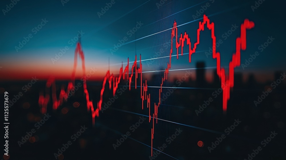 Aufkleber a graph with red lines and a sunset in the background. the graph shows a downward trend in the stock