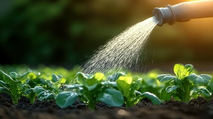 A garden hose is spraying water on a field of green plants. The plants are growing in a field and the water is being used to help them grow