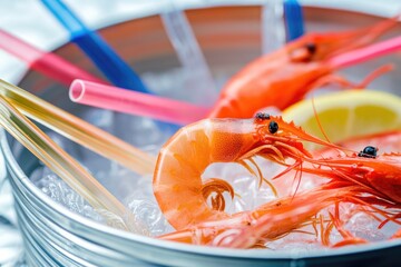 A bucket filled with shrimp next to a lemon, perfect for seafood or fruit displays