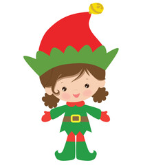 Cute Christmas elf girl with candy cane vector cartoon flat style illustration