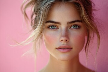 Naklejka premium Portrait of a woman with bright blue eyes, focus on the face