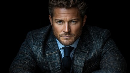 Fototapeta premium A man in a suit and tie is sitting in a dark room. He is wearing a blue shirt and a black tie