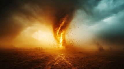 powerful tornado swirls in a stormy landscape, symbolizing nature's fury and the urgent impact of climate change. Dramatic clouds and harsh winds highlight humanity's fragile relationship with the pla