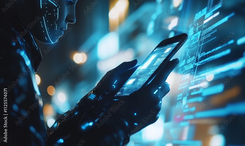 Poster person using a smartphone to engage with an ai chatbot, highlighting the ease and efficiency of digi