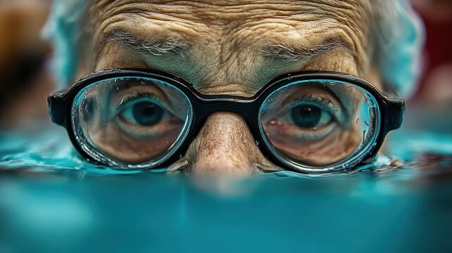 A man in glasses is swimming in a pool. The man's eyes are closed and he is looking down