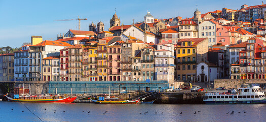 Colourful facades of historic buildings in the Ribeira district of Porto, Portugal