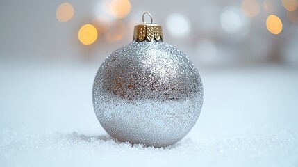 A silver Christmas ornament sits amidst snowflakes