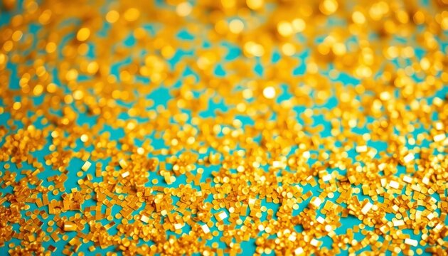 Ein gl&auml;nzender Haufen goldener Glitzerpartikel auf einem t&uuml;rkisfarbenen Hintergrund, mit funkelndem Bokeh-Effekt &ndash; ideal f&uuml;r festliche oder luxuri&ouml;se Designs. Generative KI.