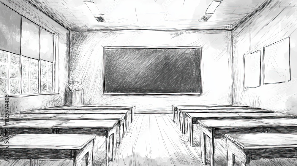 Poster sketch of an empty classroom with desks and blackboard