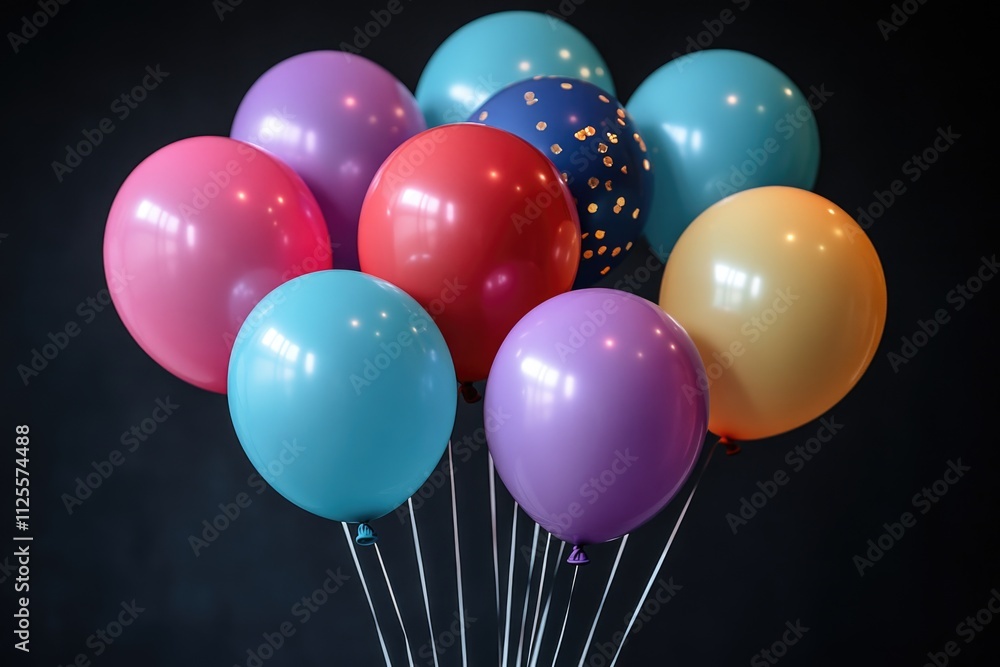 Poster a cluster of vibrant balloons floating in mid-air, perfect for capturing joyful moments or adding a 