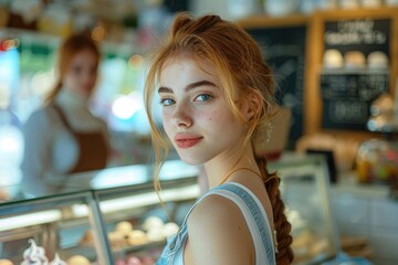 A woman stands in front of a bakery counter with various treats and pastries on display