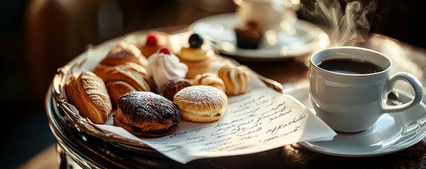 Dessert tray with assorted pastries and a steaming cup of Americano, menu written on a napkin in elegant handwriting