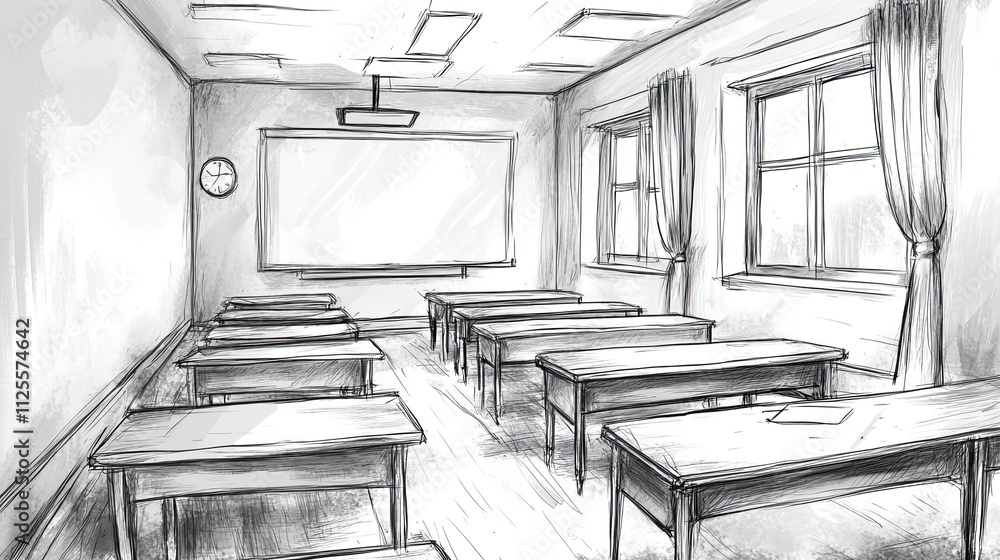 Poster sketch of an empty classroom with desks and a whiteboard