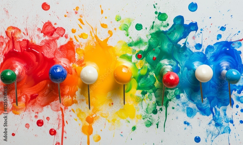Poster colorful push pins on abstract paint splashes in simple layout