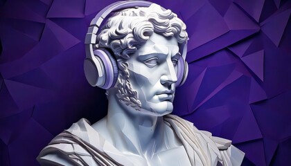 Greek statue in marble with large modern headphones, juxtaposition of classical art and modern tech, timeless beauty meets contemporary culture