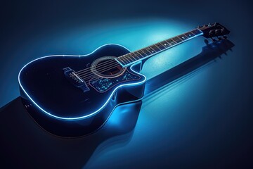 A close-up shot of a black acoustic guitar with a neon blue glow effect