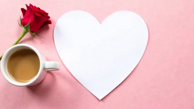 mock up menu white heart on pink background, cup of coffee , red rose, copy space