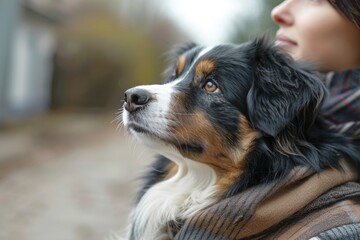 A close-up shot of a person holding a dog in their arms