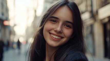 A happy woman smiling on a city street