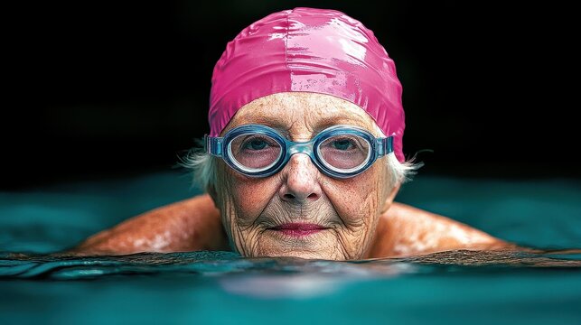 An older woman wearing a pink swim cap and goggles is swimming in a pool. Concept of nostalgia and the idea of enjoying life despite age