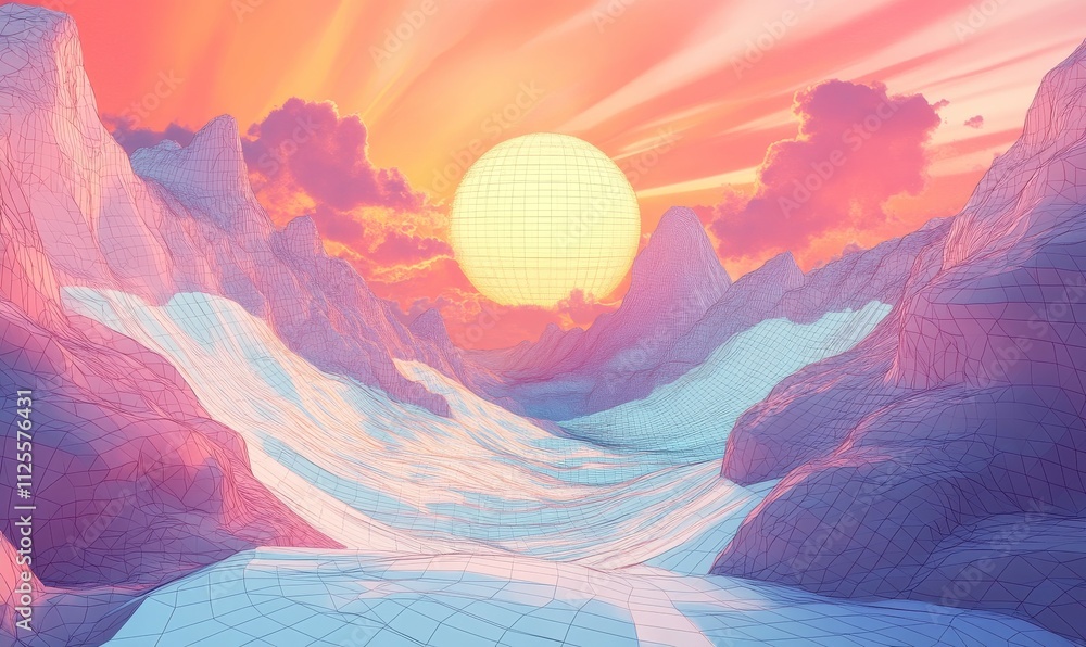 Poster design a wireframe wave or mountain map for a new retro wave background, showcasing a futuristic cyb