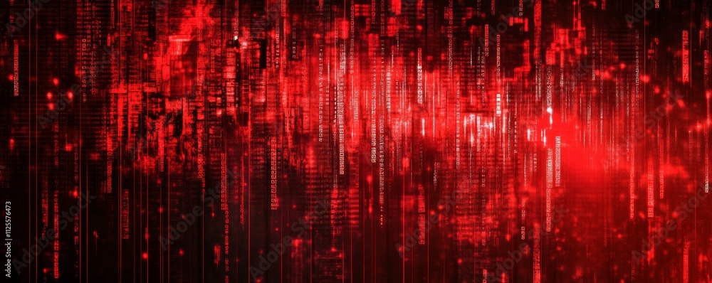 Poster hacked server room, red warning lights and glitch effect, representing vulnerabilities in data stora