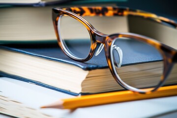 A pair of glasses sitting on top of a stack of books, perfect for studying or reading
