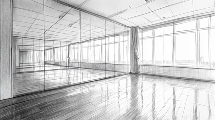 Fototapeta premium Sketch of a spacious mirrored dance studio with large windows