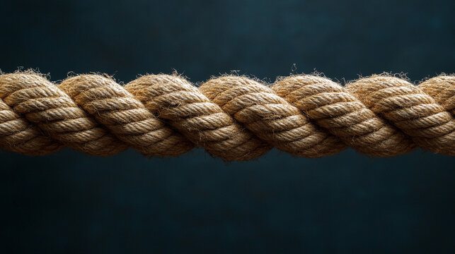 close-up of a fraying rope breaking in the middle, held tightly by two opposing hands. Symbolizes conflict, tension, division, struggle, resilience, or the breaking point in relationships