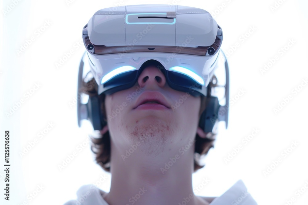 Poster a person wearing a virtual reality headset with controllers and cables