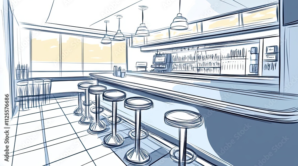 Poster modern diner bar design sketch showing stools and counter