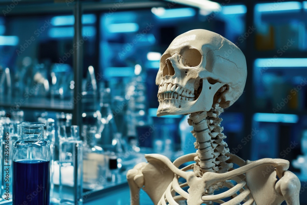 Aufkleber a skeleton in a laboratory setting with various glass equipment and experiments