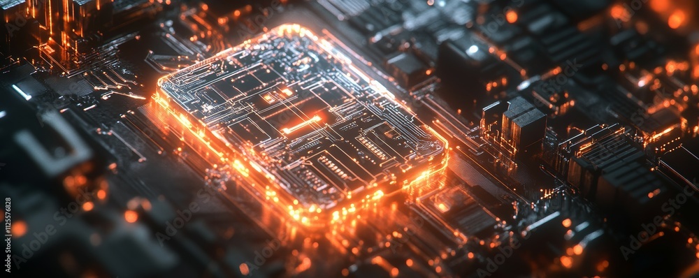Poster holographic digital padlock and circuit lines, futuristic design symbolizing hightech data protectio