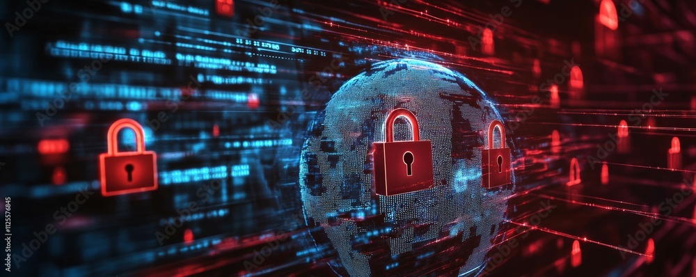 Poster holographic globe with digital locks on multiple points, symbolizing global network protection again
