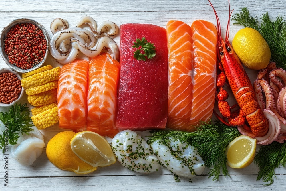 Poster a variety of fresh fish and colorful vegetables arranged on a table for presentation or cooking