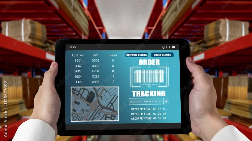 Poster warehouse management deft software in computer for real time monitoring of goods package delivery . 