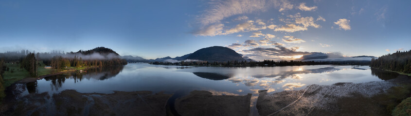 Idyllic Sunrise Over Fraser Valley with Misty Mountains and Calm Lake