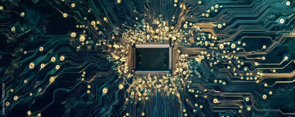 Poster digital lock with fragmented circuit elements, symbolizing protection and resilience in cybersecurit