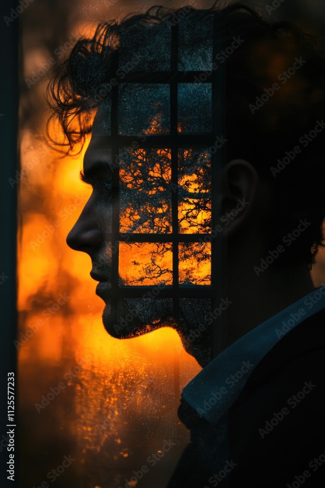 Poster a man's face is seen through a window as a beautiful sunset unfolds in the background