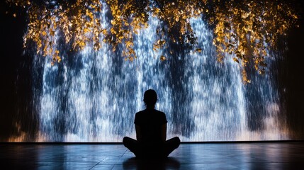 Obraz premium Tranquility: A Person Meditating Before a Digital Waterfall Art Installation