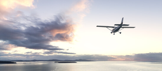 Scenic Airplane Flight Over Serene Ocean at Sunrise in BC, Canada