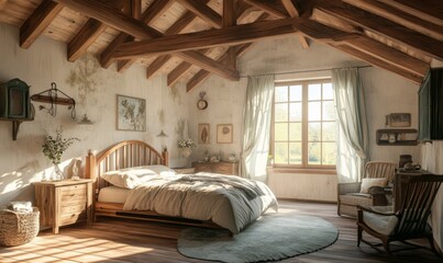 rustic farmhouse bedroom with exposed wooden beams vintage furniture and cozy natural lighting countryside interior