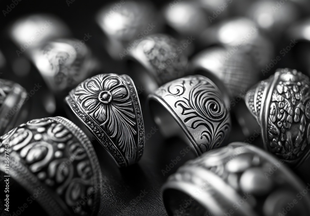 Poster intricately designed silver rings displayed elegantly on a dark surface, showcasing unique patterns 