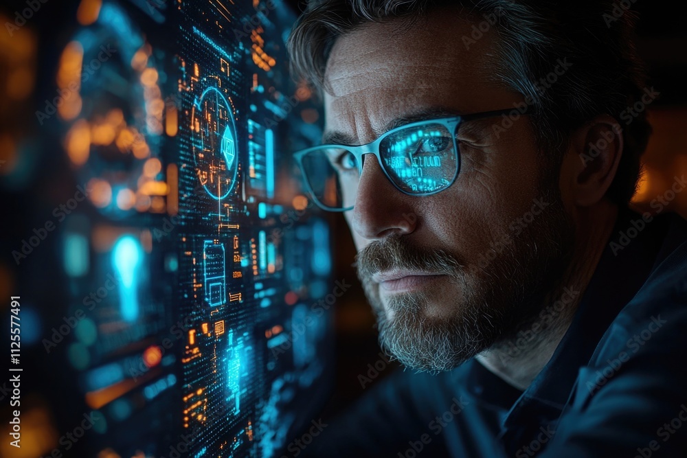Poster a person wearing glasses sits in front of a computer, focused on the screen