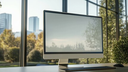Fototapeta premium Modern Desktop Computer Near Window City View