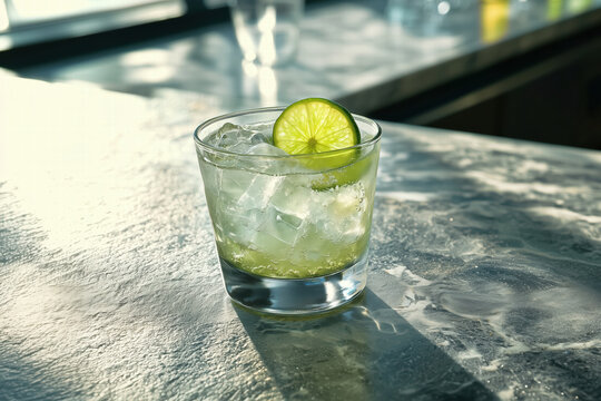 A photo of a Caipirinha cocktail with a slice of lime on a modern stone bar table and background in a high class city lounge.
