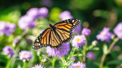 Fototapeta premium A monarch butterfly perched on a vibrant purple flower, ideal for use in illustrations or designs related to nature, wildlife, and conservation