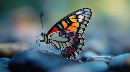 Obraz premium A butterfly perches on top of a rocky pile, surrounded by nature