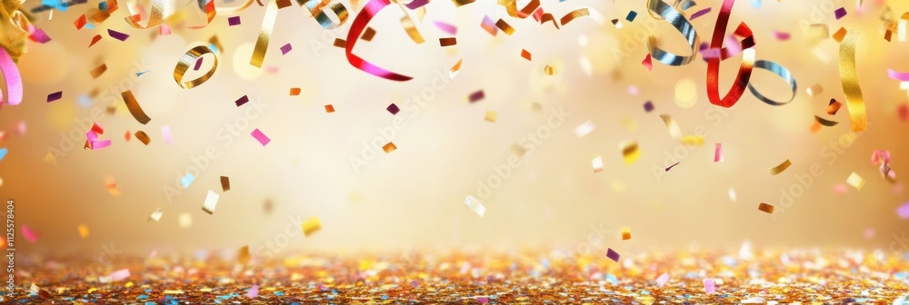 Poster falling confetti and curling ribbons create a vibrant atmosphere against a sparkling golden backdrop