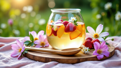 A glass of hwachae garnished with fresh fruit on a rustic table among a field of flowers.